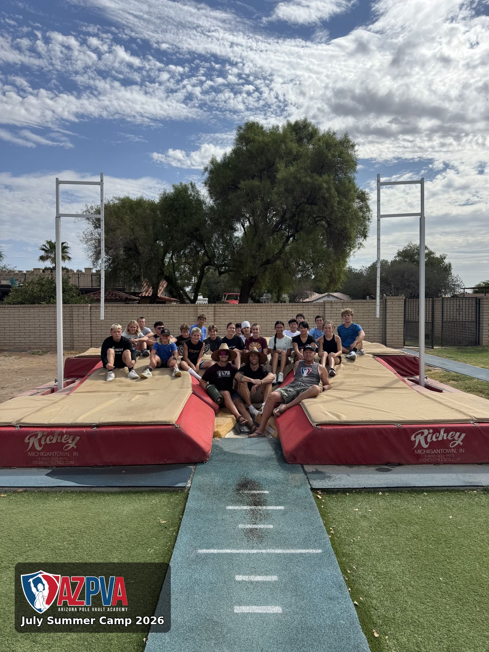 Group photo from July Summer Camp 2026 at Arizona Pole Vault Academy